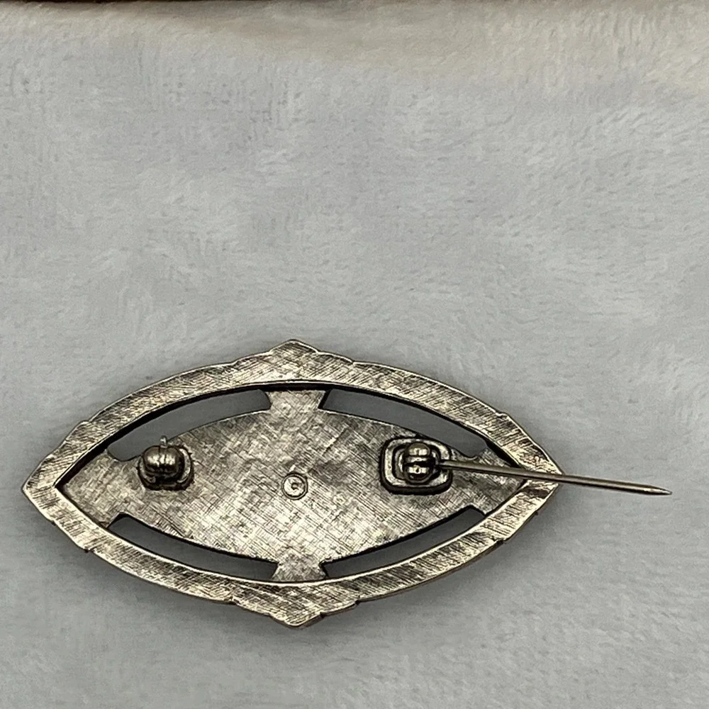 Vtg Avon Art Deco Revival Silver Tone Mother of Pearl Marcasite Style Brooch Pin
